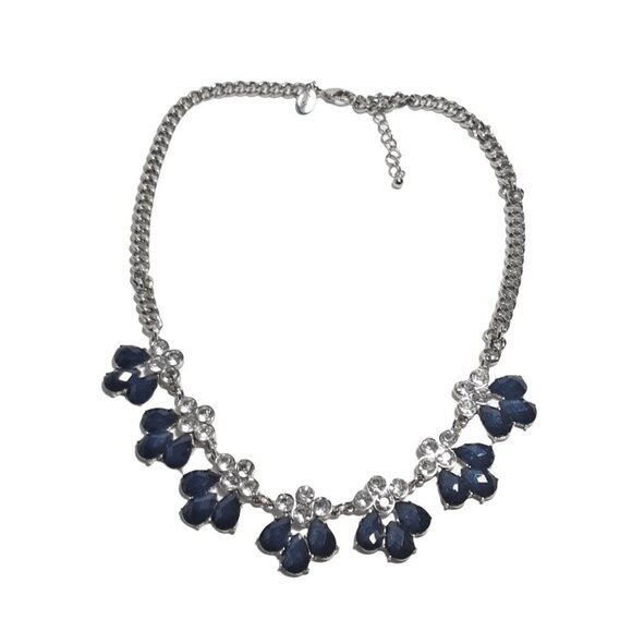 Charming Charlie Statement Necklace Navy Blue Rhinestone Crystal Silver Tone - Picture 1 of 5